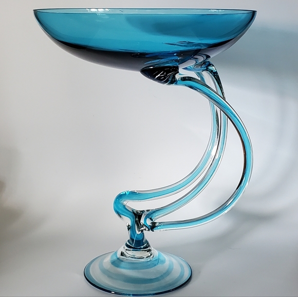 10 3/4" Tall Large Handcrafted Blown Art Glass Aqua Blue Jelly Fish🎐 Bowl 🇵🇱 - Picture 13 of 13